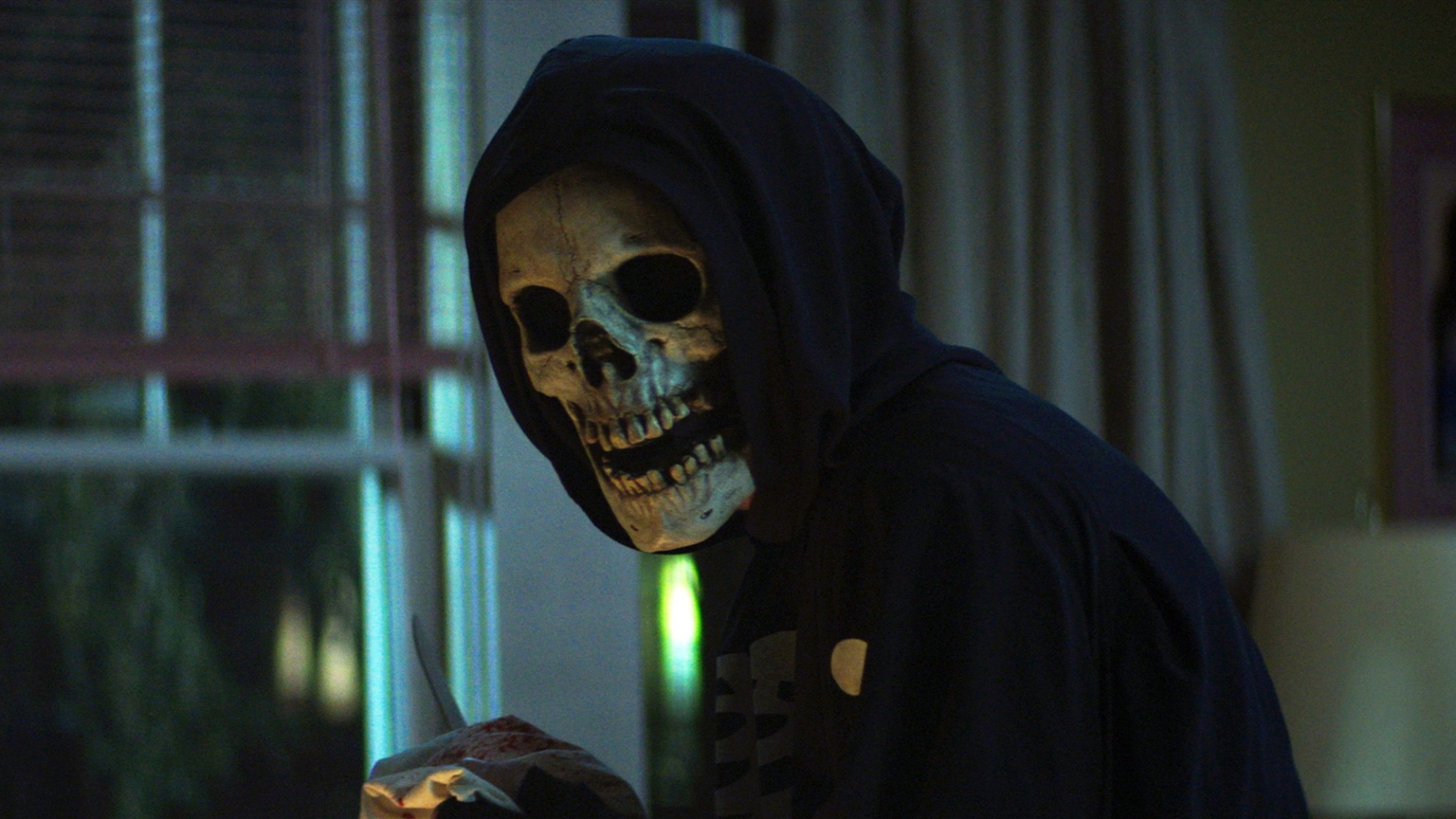 A person wearing a skeleton mask and black hood stares into the camera.