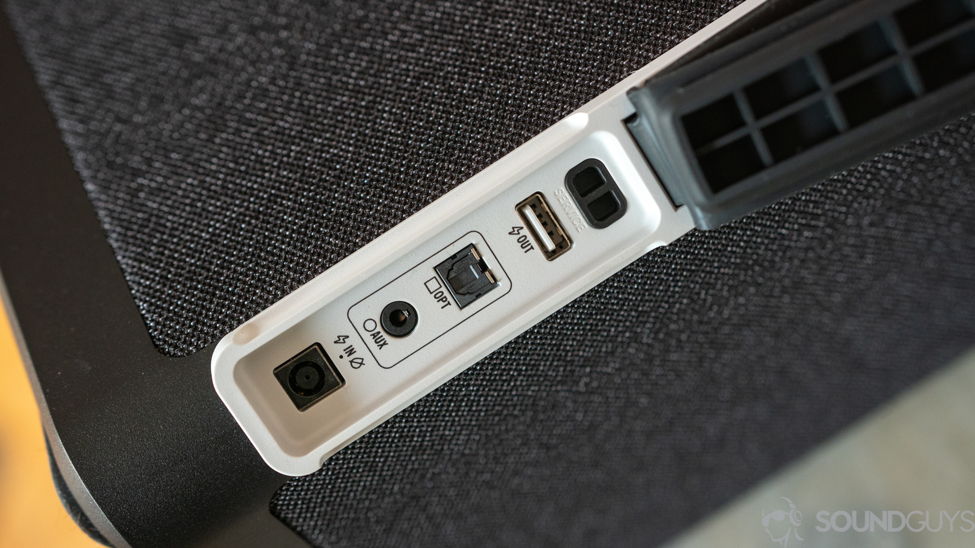 Pictured are the inputs of the UE Hyperboom under the waterproof flap.