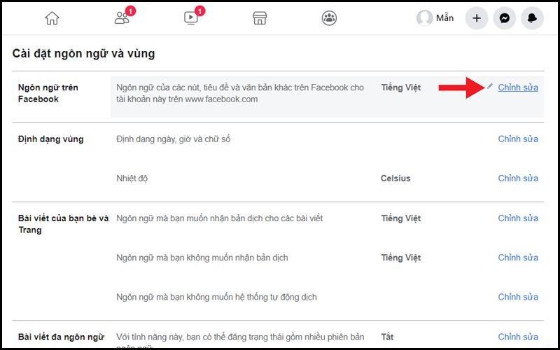 Táº¡i má»¥c NgÃ´n ngá»¯ trÃªn Facebook, báº¡n nháº¥n nÃºt Chá»nh sá»­a