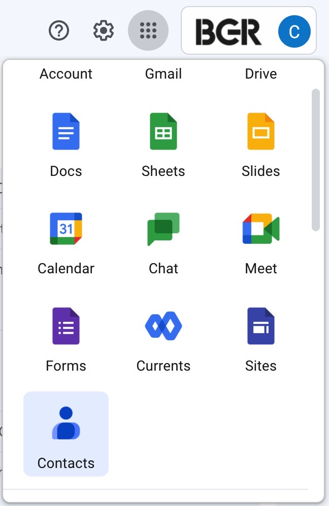The Contacts app in the list of Google apps available in your Google account.